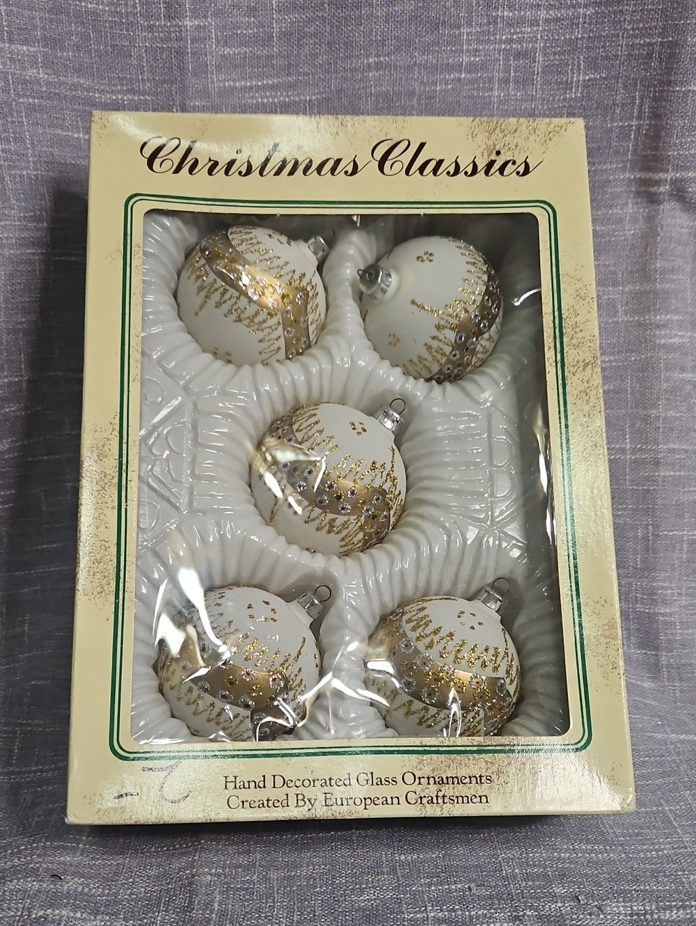 White and Gold Hand-Decorated Glass Ornament Set